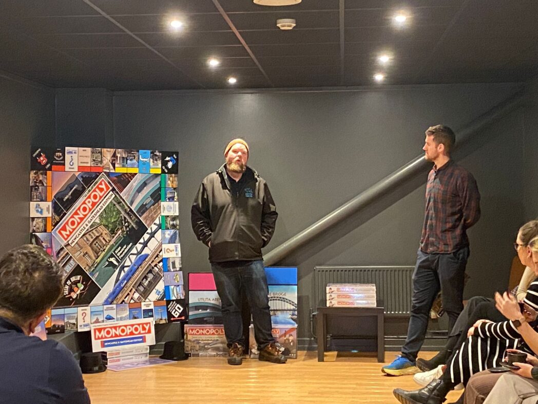 Our fundraising and marketing manager Iain Riddell giving a talk at the Monopoly launch event